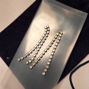 Vintage Silver Cascade Earrings with Rhinestones 2 Inch Drop Princess Formal